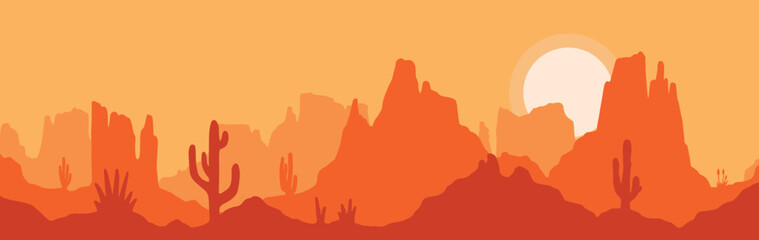 Desert Landscape Orange Sunset Cactus Nature Wallpaper Vector Illustration - 524493830
