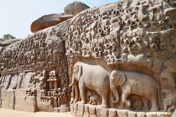 Descent of the Ganges: A giant open-air rock bas relief carved on two monolithic rocks in...