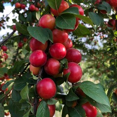 Closeup of a lot of young red plum fruits hanging on a tree branch among green leaves with trees and fruits in the blurred background on a sunny day. Selective focus