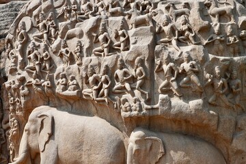 Descent of the Ganges: A giant open-air rock bas relief carved on two monolithic rocks in...