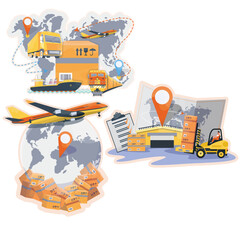 International logistics. Online delivery service. Truck, cargo plane, cargo ship, train. Global shipment. Freight, goods delivery. Banner, ad, landing page. Vector illustration. - obrazy, fototapety, plakaty