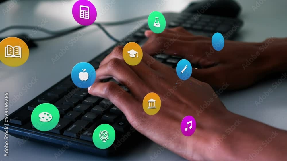 Aufkleber animation of colorful icons over hands typing on keyboard