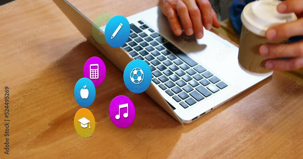 Poster animation of colorful icons over caucasian man using laptop