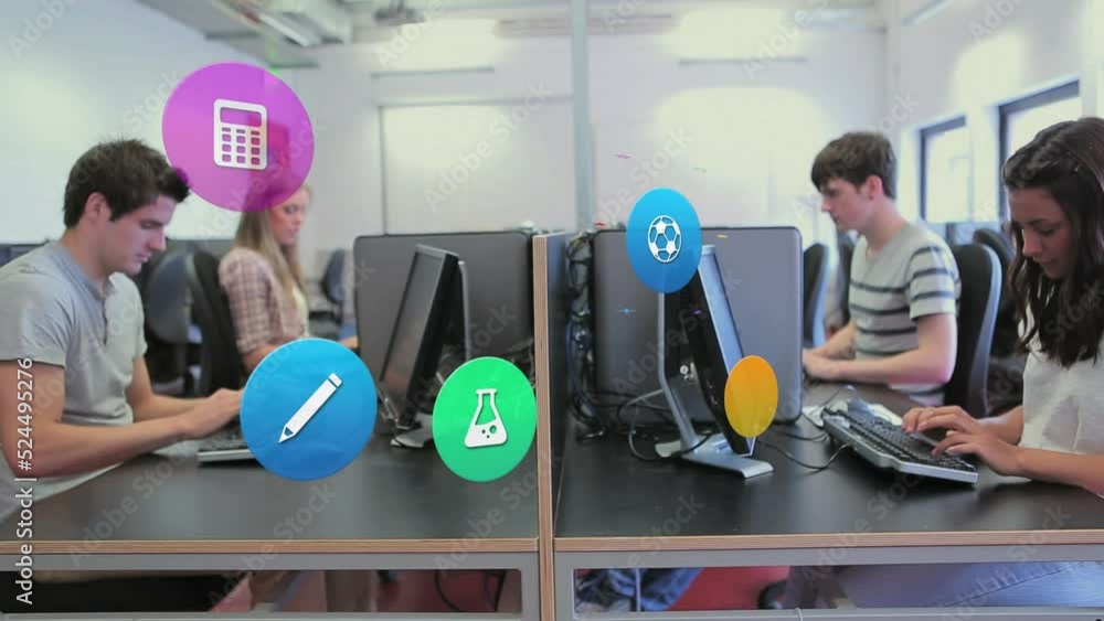Poster animation of colorful icons over diverse students using computer