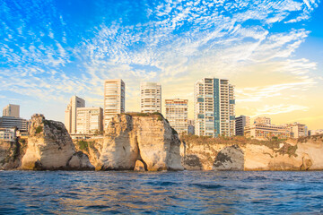 Fototapeta premium Beautiful view of the Pigeon Rocks on the promenade in the center of Beirut, Lebanon