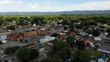 Aerial view of county courthouse over main street USA, Charles Town, West Virginia on a beautiful sunny day.