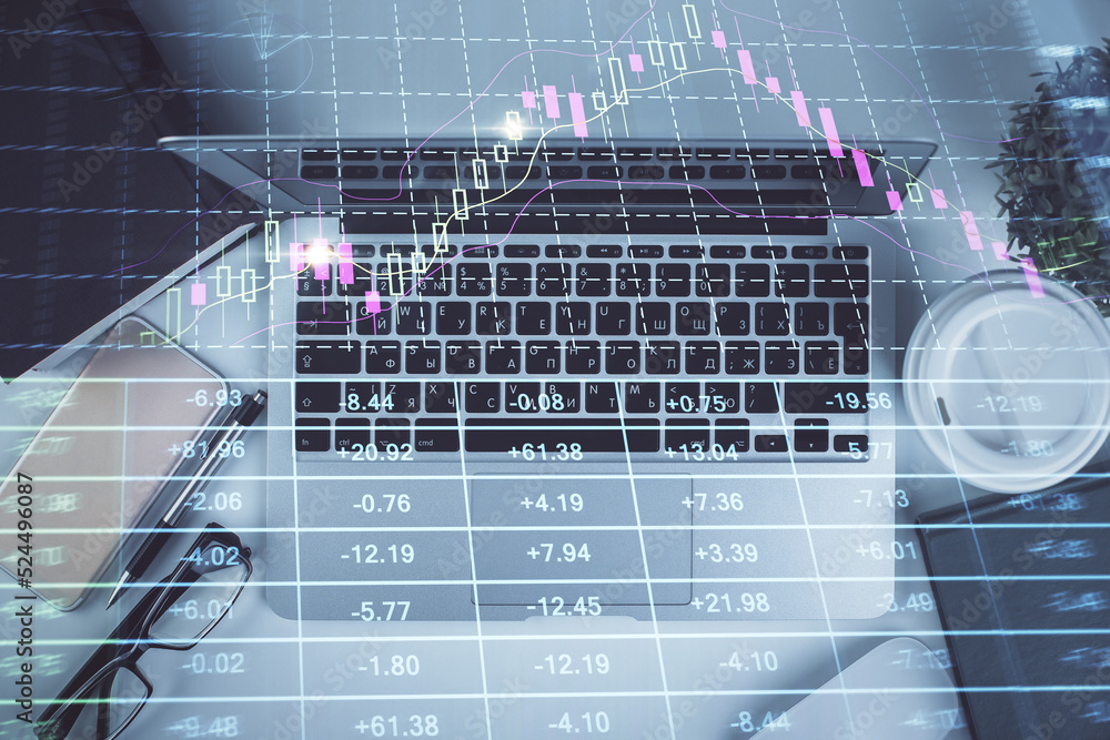 Poster Multi exposure of financial chart drawing over table background with computer. Concept of research. Top view.