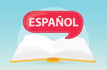 Foto op Canvas espanol (spanish language) written on speech bubble over open book, concept of learning language- vector illustration © chrupka