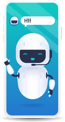 White friendly robot say hi. Chatbot future concept. Helping bot in smartphone.