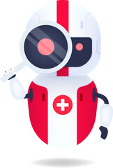 Medical friendly android robot looking through the magnifying glass. Search conceptual.