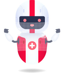 Medical friendly android robot with HUD interface screen. Cute and smile AI robot.