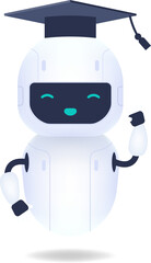 White friendly robot character. Graduated cute and smile AI robot wearing graduation cap. Machine learning concept.
