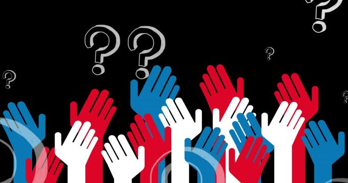 Animation of question marks over hands on black background
