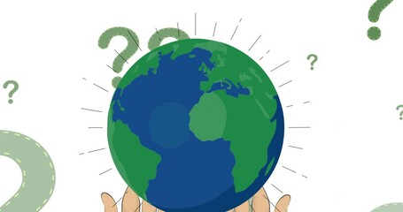 Animation of hands holding globe over question marks on white background - Powered by Adobe
