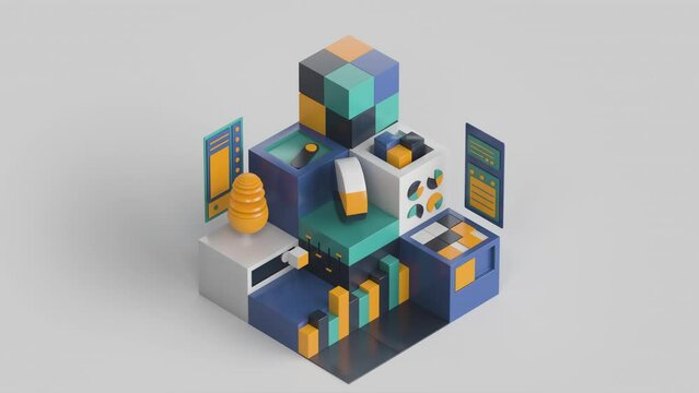 Data processing and big Data analysis 3d looping animation. Conceptual loop cubes render, geometric moving blocks, infographics, charts, finance market. Pastel colors.