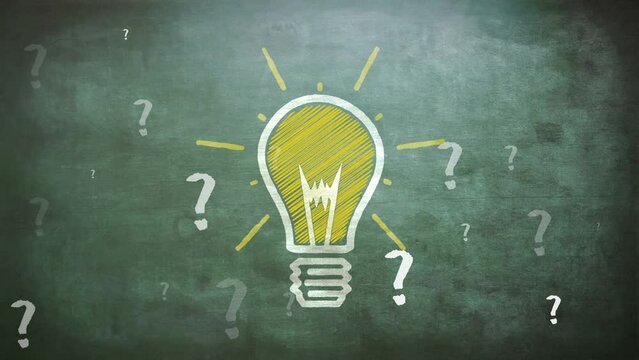 Animation of lightbulb over question marks on green background