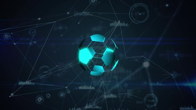 Animation of digital football over network of connections with data processing on black background