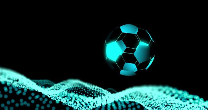 Animation of digital football over blue spots on black background