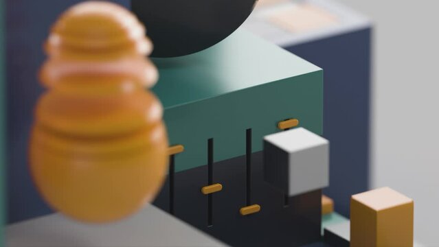 Close-up of 3d cubes,ball.Abstract micro data flow with pie chart, cubes.3d animation of data matrix,management. Data processing and big Data analysis 3d looping animation.  - Powered by Adobe