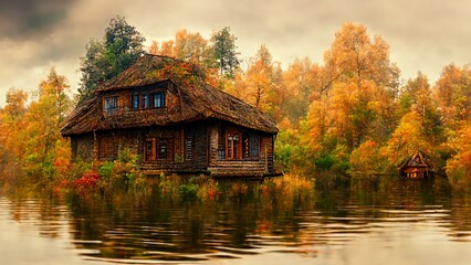 Obraz premium Wooden house on the lake ai illustration of autumn forest