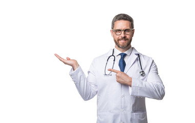 happy physician with stethoscope. physician isolated on white. medical physician point finger