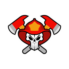 Firefighter Skull in helmet sign. Fire ax and flame. Fire department symbol. fireman emblem