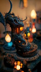 Fototapeta premium A 3D Illustration of a Dragon statue with the warm lamp standing on the top of the table