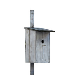 Wooden old birdhouse for small birds. Isolated on a white background.