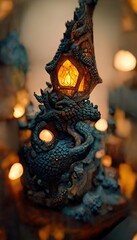 Fototapeta premium A 3D Illustration of a Dragon statue with the warm lamp standing on the top of the table