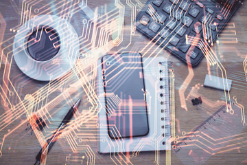 Multi exposure of technology theme drawing over table with phone. Top view. Concept of hightech.