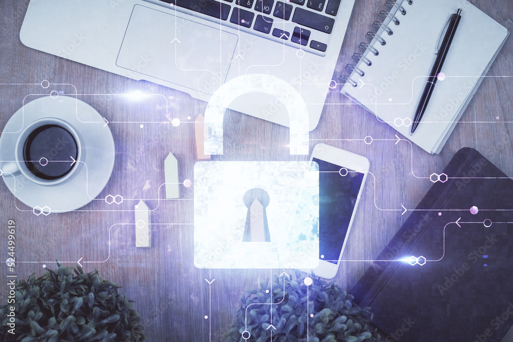 Poster double exposure of lock drawing over desktop. top view. security concept.