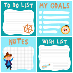 Vector set of weekly planner, to do list, note, wish list, goals background with doodle pirate print. School planner with doodle sketch