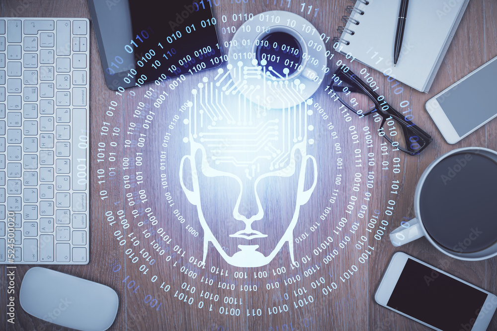 Aufkleber multi exposure of brain drawing over work table desktop. top view. global data analysis concept.