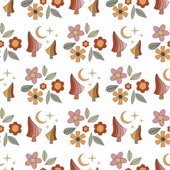 Seamless pattern with flowers and mushrooms. Retro pattern. 70s, 60s, 50s.