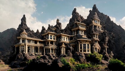 Fototapeta na wymiar A 3D Illustration of a Great mansion on the top of the mountain with a lot of windows and the rock