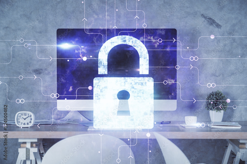 Poster multi exposure of lock drawing and office interior background. concept of data security.