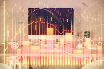 Multi exposure of financial graph drawing and office interior background. Concept of market analysis.