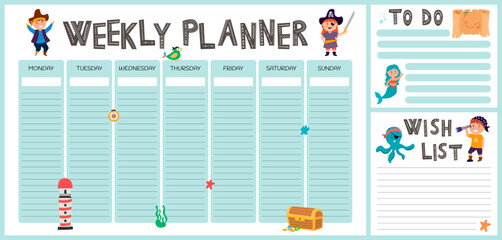 Vector set of weekly planner, to do list, note, wish list, goals background with doodle pirate print. School planner with doodle sketch. A map with a hand-drawn sketch of pirate items. White backgound
