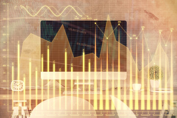 Multi exposure of financial graph drawing and office interior background. Concept of market...