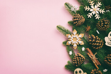 Christmas background with fir branches and Christmas decor. Top view, copy space for text
