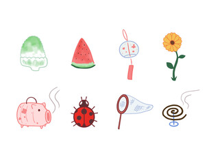 Set of cute hand drawn Japanese summer objects