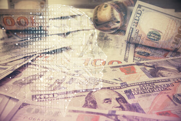 Double exposure of brain drawing over us dollars bill background. Technology concept.