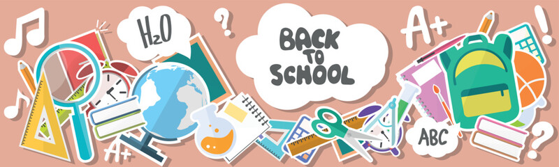 Panorama back to school abstract background concept stickers flat icons. Vector illustration