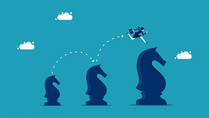 Aggressive strategy. A businesswoman runs on a chess horse that grows up. vector illustration