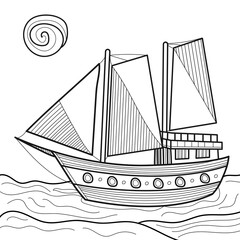 Doodle yacht or cruise ship on white background