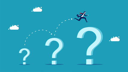 more problems. businessman runs on a growing question mark. vector illustration