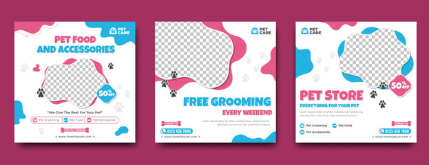 Set of Social media post template design for pet shop. Editable square banner with place for the photo. Usable for social media post and web ads