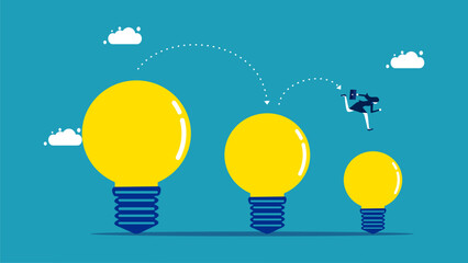 Fewer ideas. Businesswoman running on a shrinking light bulb. vector illustration