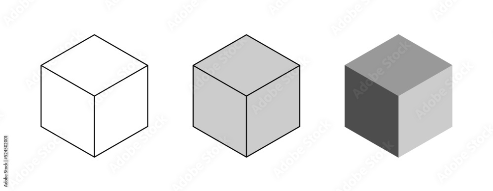 Poster basic geometry set of cubes with wireframe or contour, solid and shaded cube forms in perspective. v