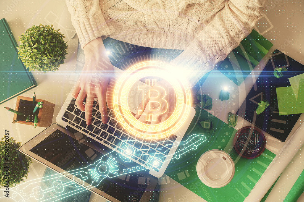 Poster double exposure of woman hands working on computer and blockchain theme hologram drawing. top view. 